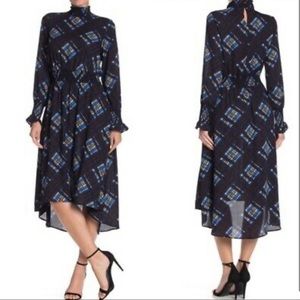 Nanette Lepore Marina Print Smocked Navy Blue Office Work Chiffon Dress Size 10